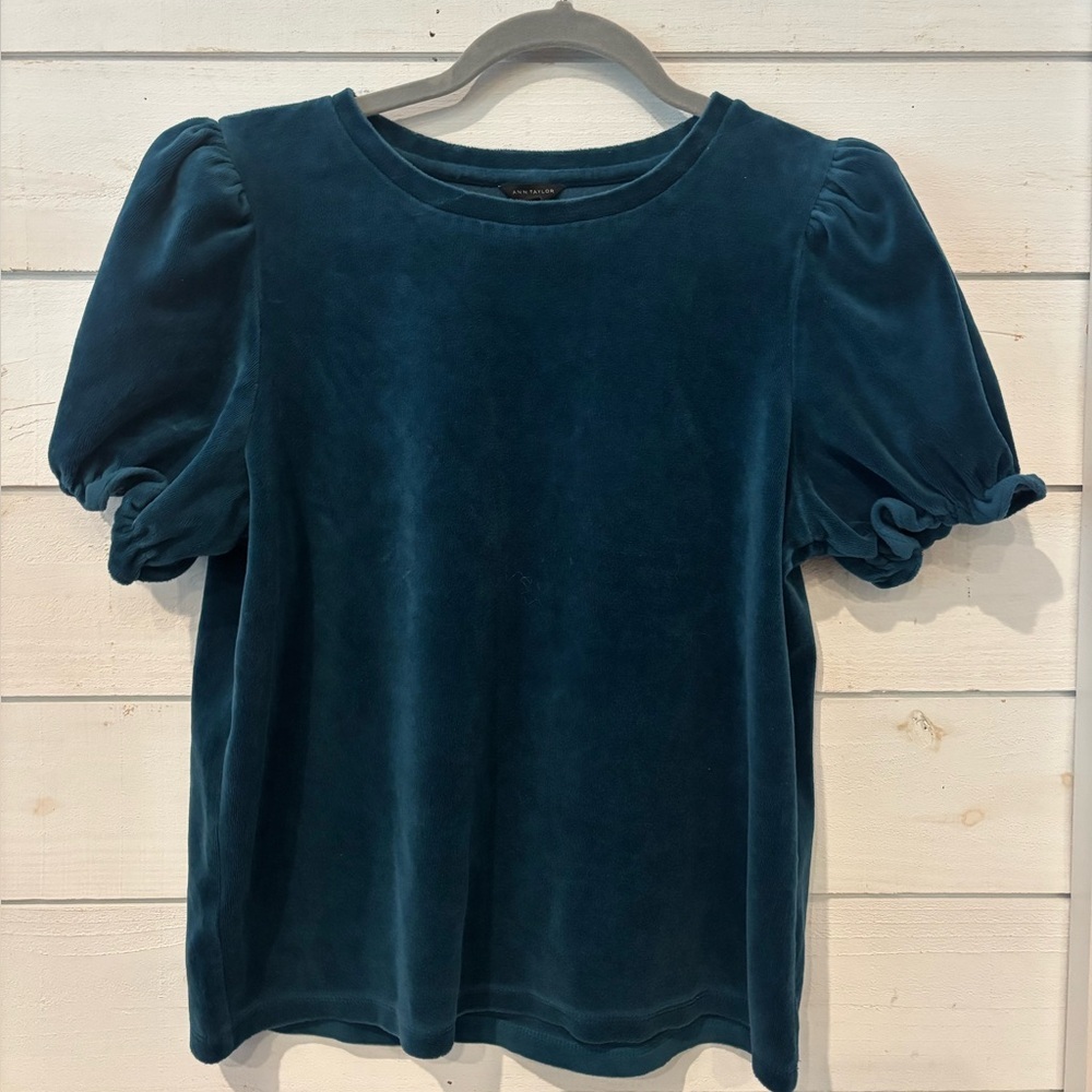 Ann Taylor turquoise flutter sleeve  velour Blouse in size medium .
